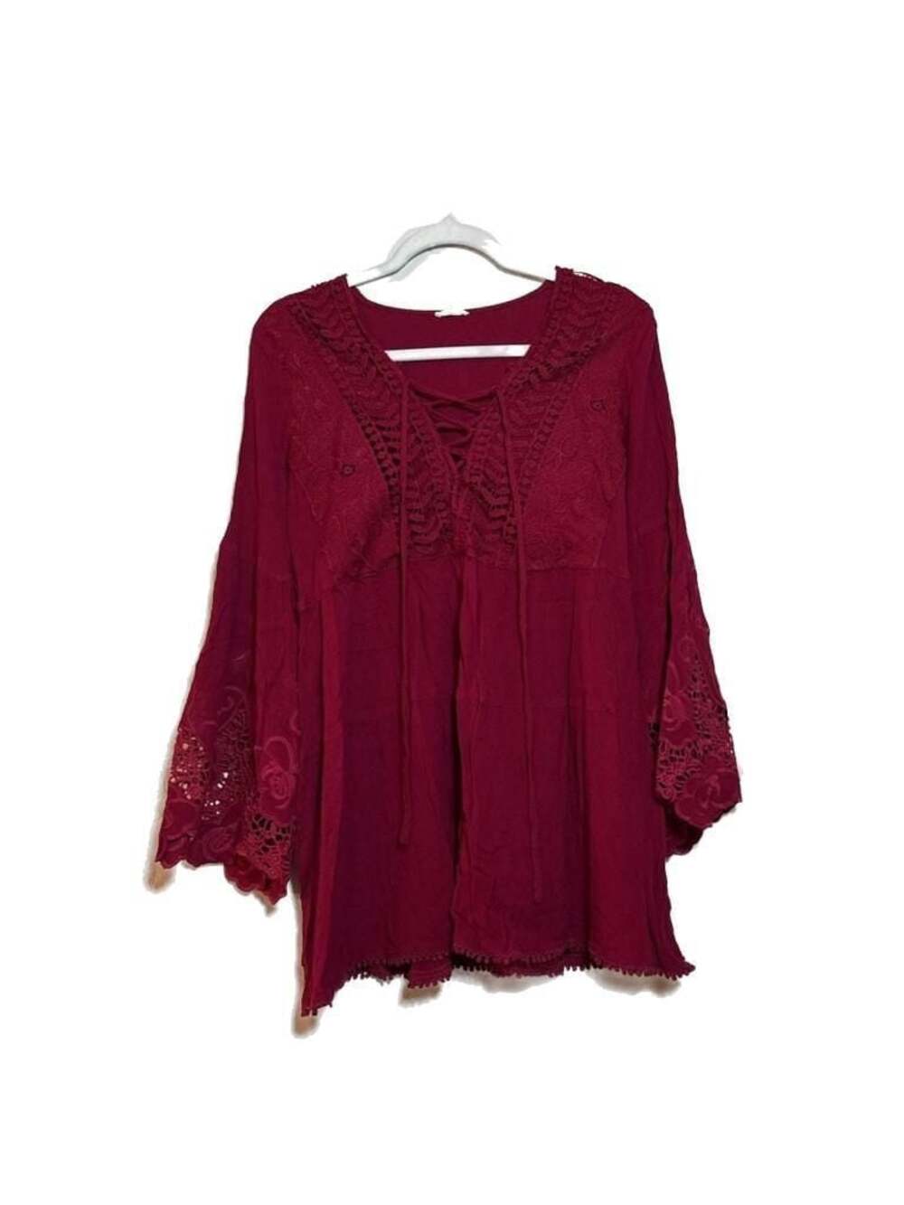 M En Creme Women's Burgundy Boho Lace Up Long Sleeve Blouse Crochet Detailing